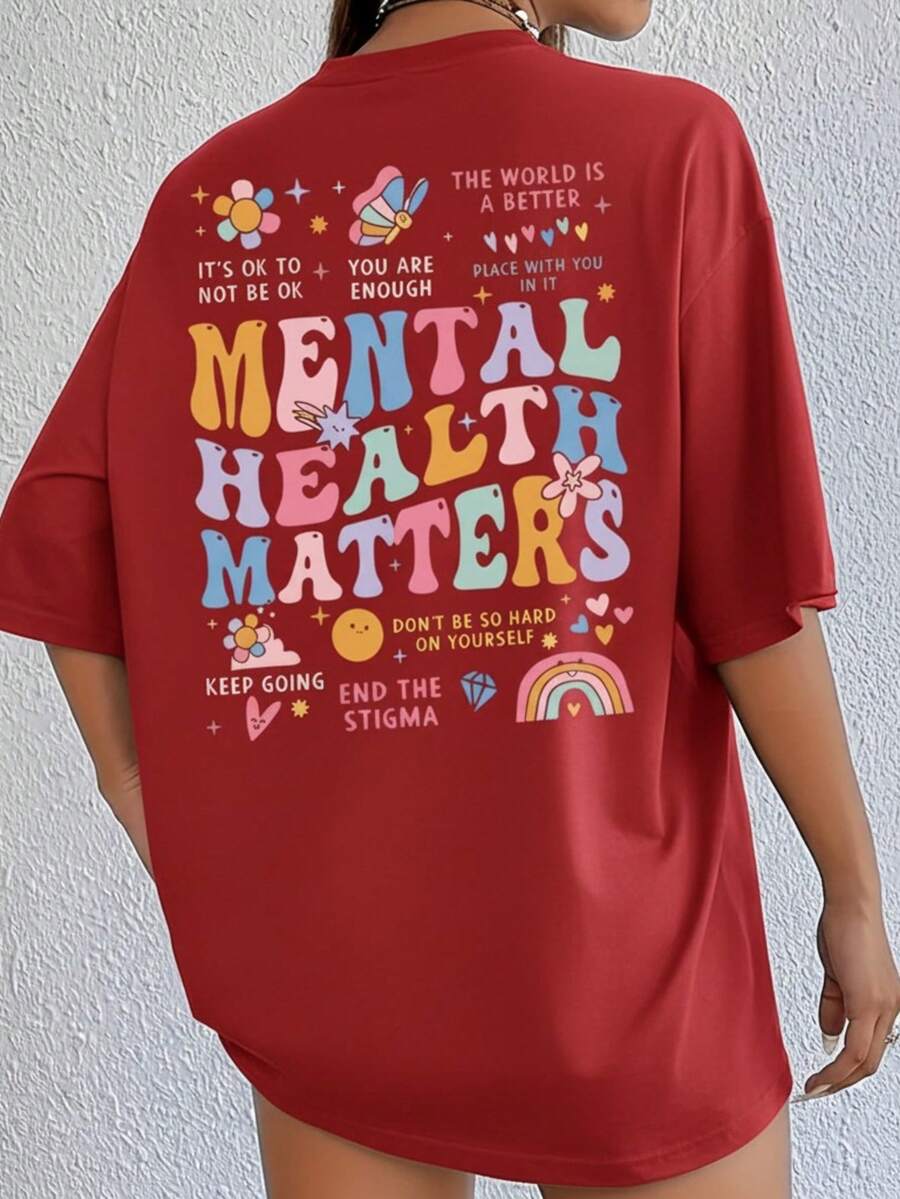 Women's Mental Health Matters Graphic Print Cotton T-Shirt, Casual Short Sleeve O-Neck Tee With Positive Quotes, Comfortable Loose Fit Top For Daily Wear, S-5XL Sizes Available - 紅色 - 查看 1