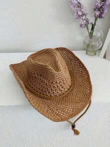 1pc Vintage Hollow Wide Brim Straw Hat, Retro Western Cowboy Beach Hat, Suitable For Spring/Summer Outdoor Travel, Vacation, Beach, Handwoven Breathable UV Protection Western Cowboy Panama Straw Hat, Unisex - Màu Khaki - Xem 4