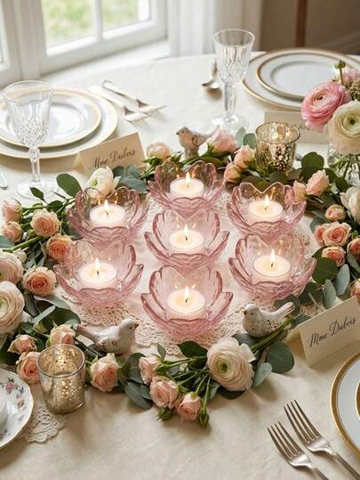 1/3/6/12pcs Glass Cherry Blossom Candle Holders, Decorative Art Candle Holders, Transparent Desktop Candle Holders, Suitable For Living Room, Dining Room, Holiday Decor, Wedding Table Decor, Candle Holders, Spring & Summer Home Decor, No Power Or Battery Required