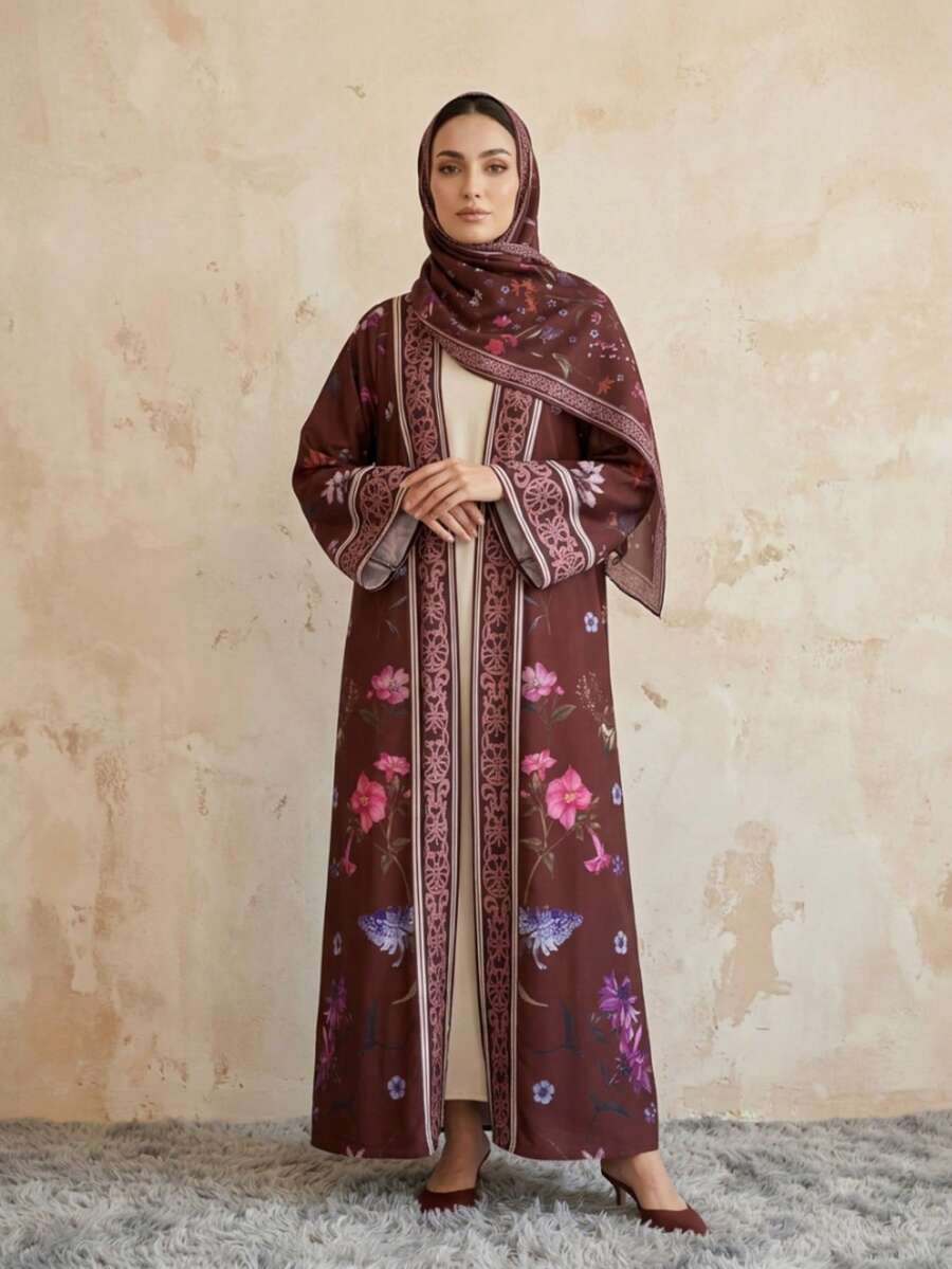 2pcs Floral Print Abaya Set With Headscarf, Middle Eastern Dubai Style Cardigan Outerwear