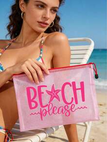 这款防水时尚沙滩包印有“Beach Please”字样和海星图案。A4尺寸时尚防水PVC沙滩包，大容量透明化妆包，配有尼龙拉链，轻便易携，适合春夏收纳。 - 彩色 - 查看 2