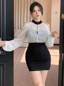 Vestido de verano de manga larga, ajustado, con cuello alto y hombros descubiertos de unicolor, ropa de otoño para damas - Blanco y Negro - Ver 4
