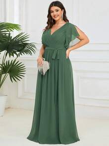 EVERPRETTY Elegant V-Neck Ruffle Sleeve Olive Green Bridesmaid Formal Dress, Suitable For Wedding Guests, Brides' Mothers, Vacation Party - Green - View 3