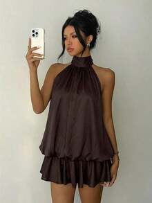 Elegant Women's Mini Dress With Halter Neck And Bow In Light Yellow - 全穀類咖啡 - 查看 4
