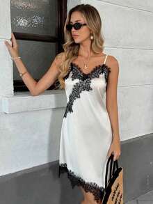 Vestido ajustado de longitud media con cuello en V, adorno de encaje y bajo asimétrico para mujer - Albaricoque - Ver 5