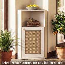 OMCHOM Corner Storage Cabinet, 90° Right Angle Rattan Cabinet With Open Shelf & Adjustable Shelves, Freestanding Accent Cabinet With Anti-Tip Kit, Natural Woven Rattan Door Sideboard For Small Spaces Living Room Bathroom Bedroom Entryway - màu trắng nhạt - Xem 3