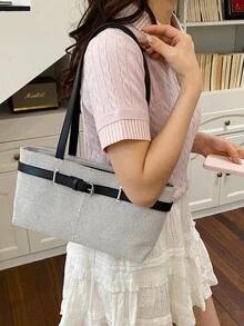 Túi tote đi biển/mua sắm mùa xuân/hè, chất liệu vải lanh, trang trí thắt lưng, màu trơn. - màu đen - Xem 11