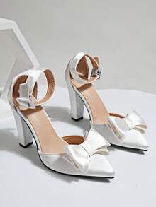 Chaussures à talons compensés mode polyvalentes avec boucle en satin de couleur abricot, bout pointu, 3 couches, ajouré, bande élastique réglable - Nude - Voir 5