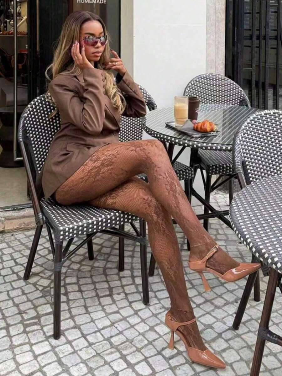 1 đôi tất lưới in họa tiết toàn thân, gợi cảm và thanh lịch - màu nâu - Xem 1