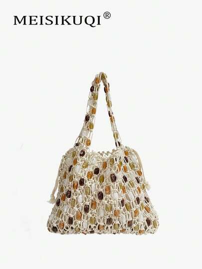 2026 New Vintage Handmade Colorful Gemstone Beaded Hollow Tote Bag, Woven Breathable Texture, Niche Luxury, Versatile For Carrying, Shoulder, Daily Commute, Beach, Date, Retro Chic Outfit