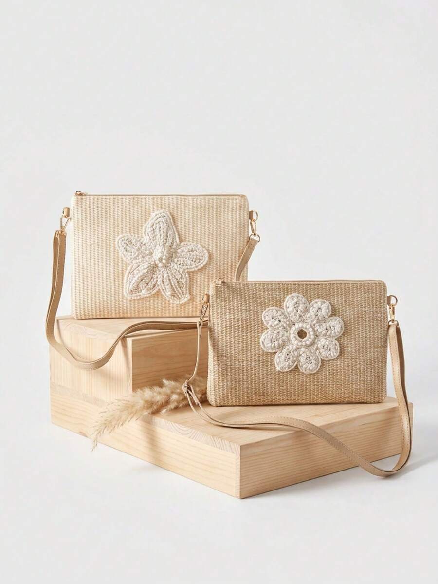 New Women's Crossbody Bag, Straw Woven Floral Decor Beach Bag, Bohemian Style Shoulder Bag, Fashion Sling Bag, Essential For Beach Vacation, Suitable For Daily Outings And Holiday Travel - Multicolor - View 1