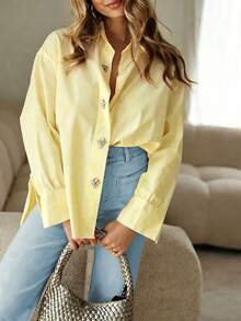 Camisa blanca elegante de poliéster de unicolor, corte holgado, con botones delanteros y adornos de strass, adecuada para vacaciones de primavera/verano, amarillo - Amarillo - Ver 6