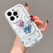 Disney Lilo & Stitch Cute Cartoon Phone Case, Sweet Stitch Holding Rainbow Balloon With Heart-Shaped Decor Pattern, Cream White Wavy Texture Soft Shockproof Anti-Scratch Protective Cover, Compatible With IPhone 17, 16, 15, 14, 13, 12, 11 Pro Series. Ideal Thoughtful Gift For Family, Friends, Birthday Celebrations, Holiday Presents And All Special Daily Occasions. - 白色 - 查看 3