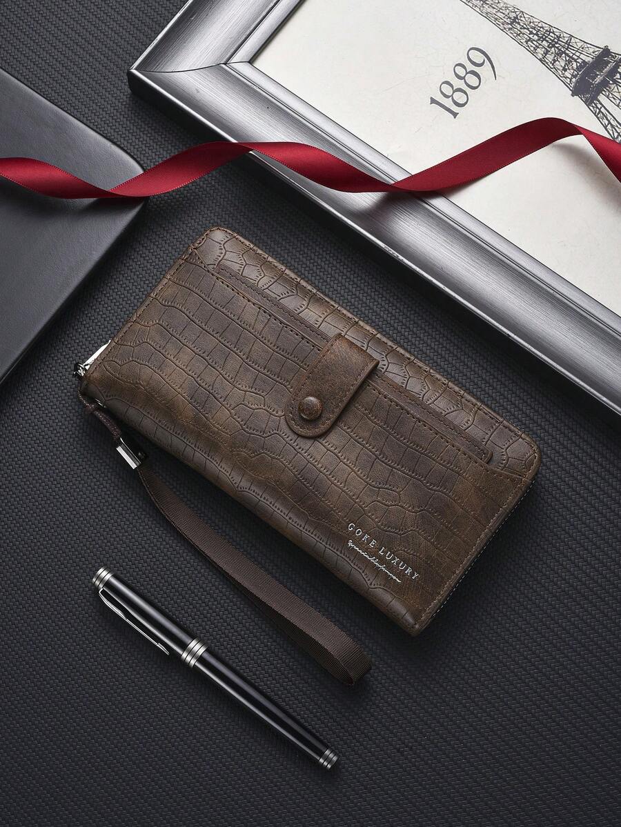 SHABILI 1 pieza Cartera de gran capacidad con cremallera de cuero de PU de unicolor, bolso de embrague de negocios, monedero para teléfono para hombres, para ir al trabajo y uso diario
