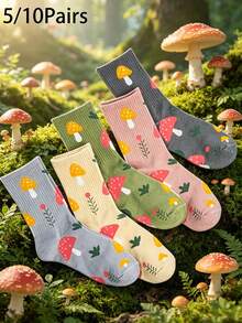 5/10 pares de calcetines de diseño de setas coloridas, lindos y hasta el tobillo, adecuados para todas las estaciones, para mujeres - Multicolor - Ver 8