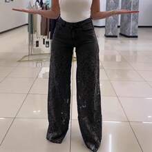 Stylish Women's Straight Leg Fabric Jeans, Long With Floral Lace Contrast, Perfect For A Sexy Boho Or New Year's Look - 黑色 - 查看 1