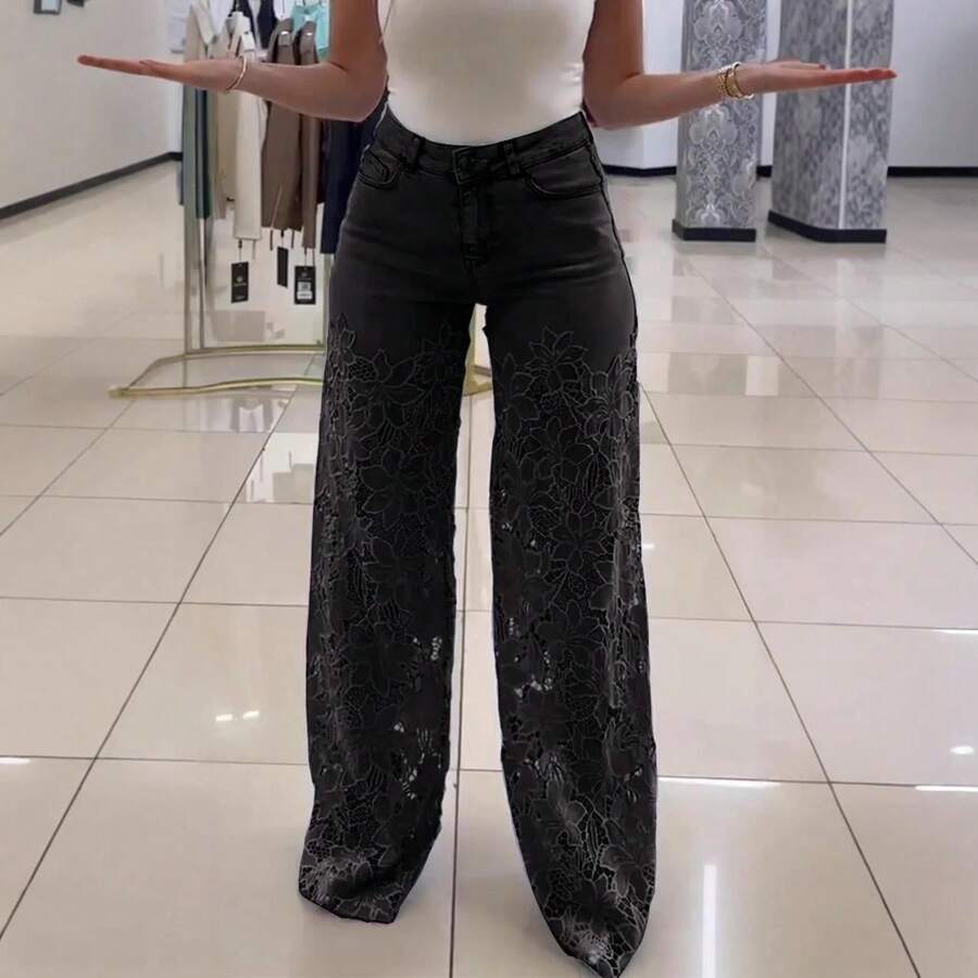 Stylish Women's Straight Leg Fabric Jeans, Long With Floral Lace Contrast, Perfect For A Sexy Boho Or New Year's Look - 黑色 - 查看 1