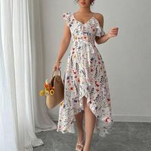 Women's Asymmetric Ruffle Hem Floral Print Elegant Vacation Dress - verde menta - Ver 4