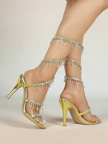 Women's Stiletto Heeled Sandals, Round Toe Fashion Strap With Rhinestone Snake Wrap Design, Basic Style For Summer & Autumn - Yellow - View 8