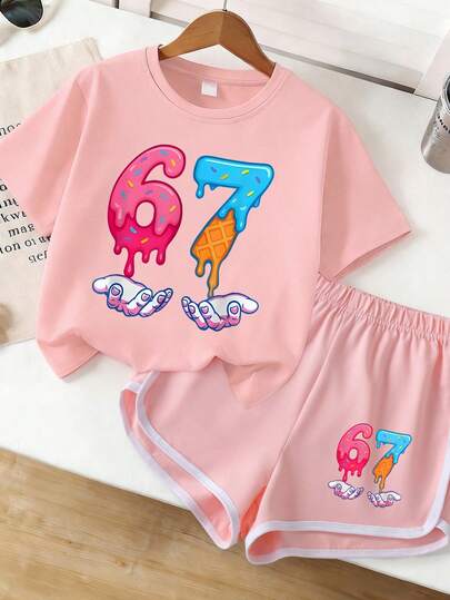 2pcs/Set Girls' Creative 67 Print T-Shirt + Shorts, Spring/Summer New Outdoor Casual Wear, Comfortable Fit With Interesting Elements, Suitable For Cute & Sweet Daily Looks