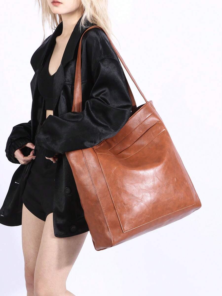 Bolso de tote de gran capacidad, bolso de mano de cuero sintético retro con bolsillo delantero, adecuado para el trabajo y los viajes - Marrón - Ver 1