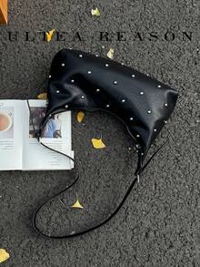 Bolso bandolera de PU con decoración de remaches, correa de hombro ajustable con cierre de cremallera, versátil para universidad, ir al trabajo, compras, paseos, uso diario - Negro - Ver 10