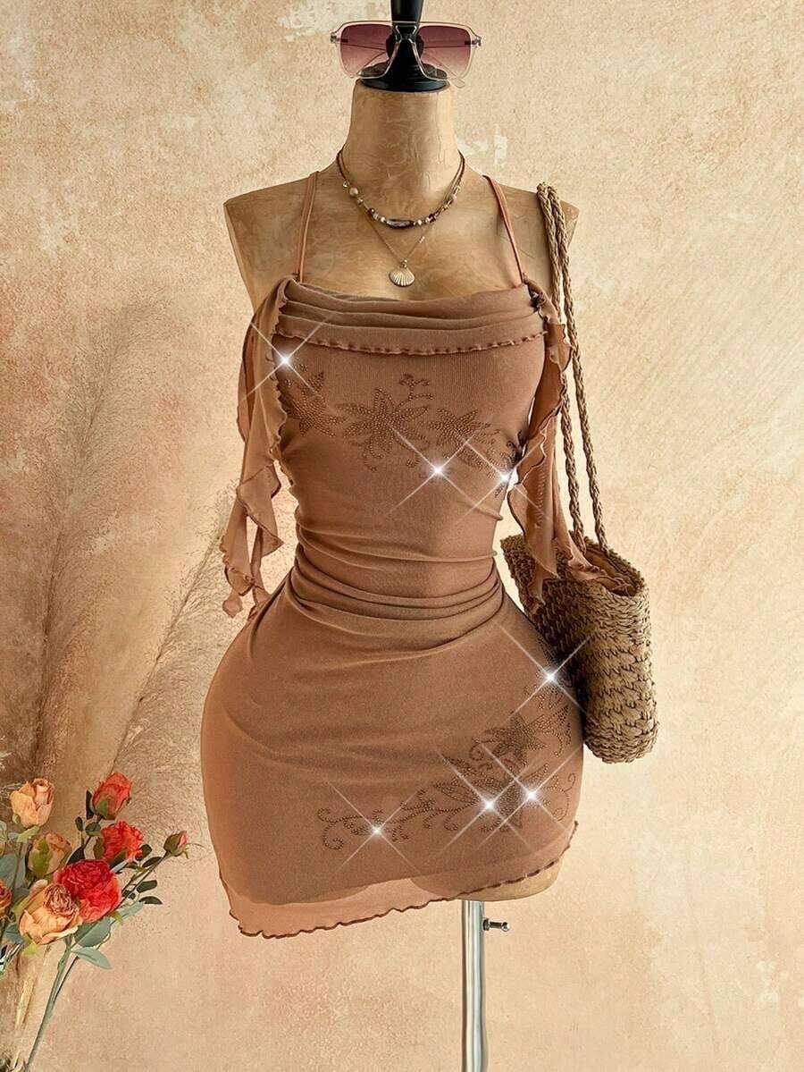 Vestido mini con volantes, gradiente naranja atardecer, con flores de strass, adecuado para vacaciones, citas, té de la tarde, playa, crucero, vacaciones en la isla, viaje a la ciudad, festival de música, vacaciones bohemias, fiesta, se puede usar dentro o fuera, conjunto de playa - Caqui - Ver 1