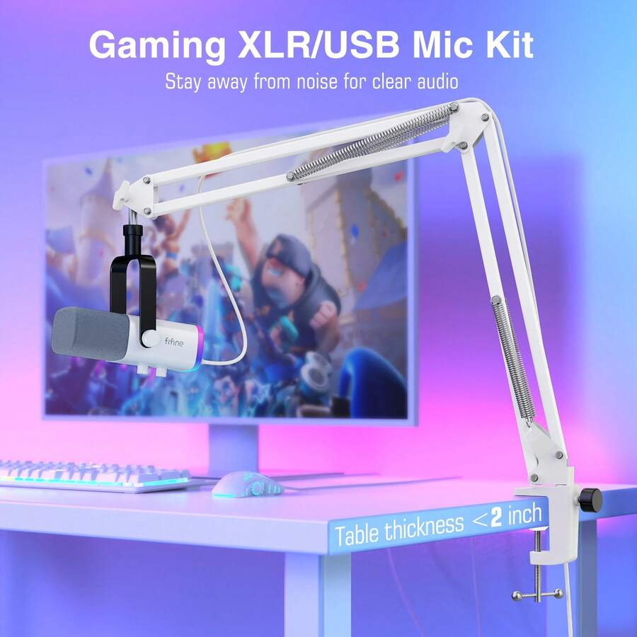 Kit Mikrofon Gaming XLR/USB, Set Mikrofon Dinamis Streaming untuk PC, Mikrofon Komputer untuk Rekaman Podcast Vokal, Sulih Suara, dengan Jack Headphone, Tombol Gain, dan Stand Lengan - FIFINE AM8T Putih