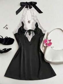 Vestido mini ajustado de línea A con escote en V profundo, sin mangas y espalda descubierta, de moda y casual, apto para primavera temprana, otoño e invierno. Adecuado para vacaciones, Día de San Valentín y citas - Negro - Ver 3