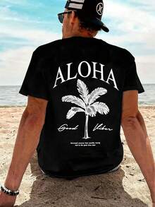Vintage Herren Hawaii Palmen Print T-Shirt, 100 % Baumwolle Locker Kurzarm Top - Schwarz - Übersicht 2