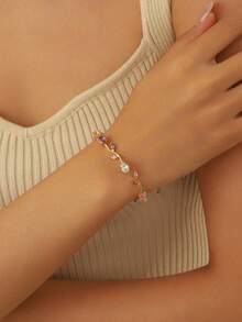 2pcs Elegant Purple & Pink Inlaid Zirconia Bracelet And 18K Gold Plated Stainless Steel Ring Set, Floral & Leaf Design Tennis Bracelet, Fashionable & Versatile, Suitable For Women's Daily, Festival, Wedding, Party Wear, Best Gift - Gold - View 4