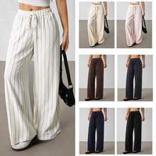 2026 Womens Multi-Color Striped Drawstring Waist Wide Leg Pants Casual Summer Trousers - Màu be - Xem 2