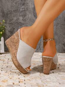 European And American Style Cork Wedge Heel Open Toe Slides For Women, Thick Sole Platform Slip-On Sandals - Off White - View 5
