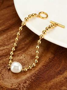MONALLY 18K Gold Plated Stainless Steel Baroque Pearl Beaded Bracelet For Women, OT Toggle Clasp Waterproof Tarnish Resistant Dainty Bead Chain Bracelet, Minimalist Everyday Jewelry Gift For Her For Anniversary Birthday Gift - Pearl Bracelet - View 4