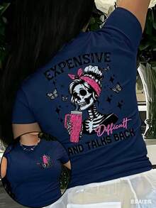 Women's Skull Print T-Shirt - An Avant-Garde Round-Neck Top Featuring A Butterfly And Star Pattern, With The Slogan "Expensive Talks Back," A Breathab - 藏青色 - 查看 3