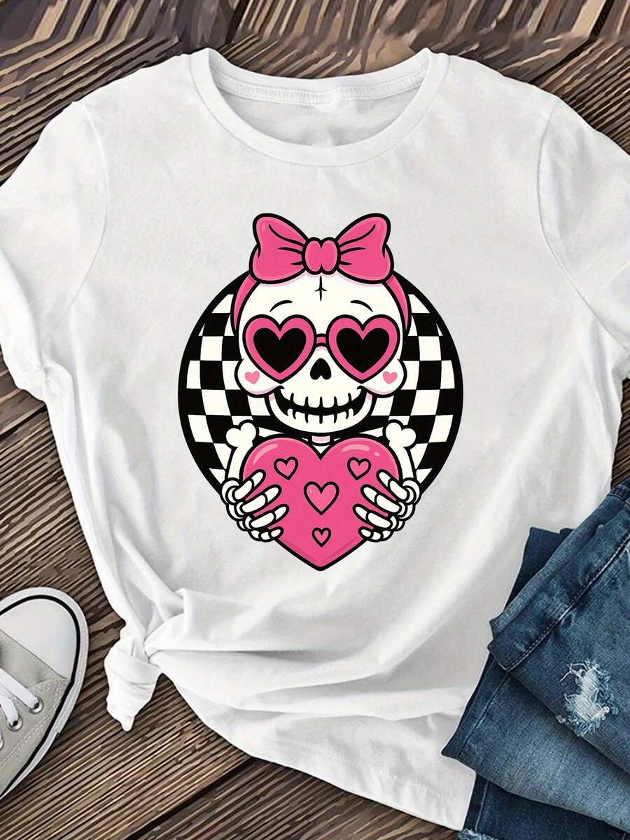 Pequeño esqueleto y corazón dama manga corta, cuello redondo manga corta camiseta S, ropa de mujer, ropa de mujer de verano