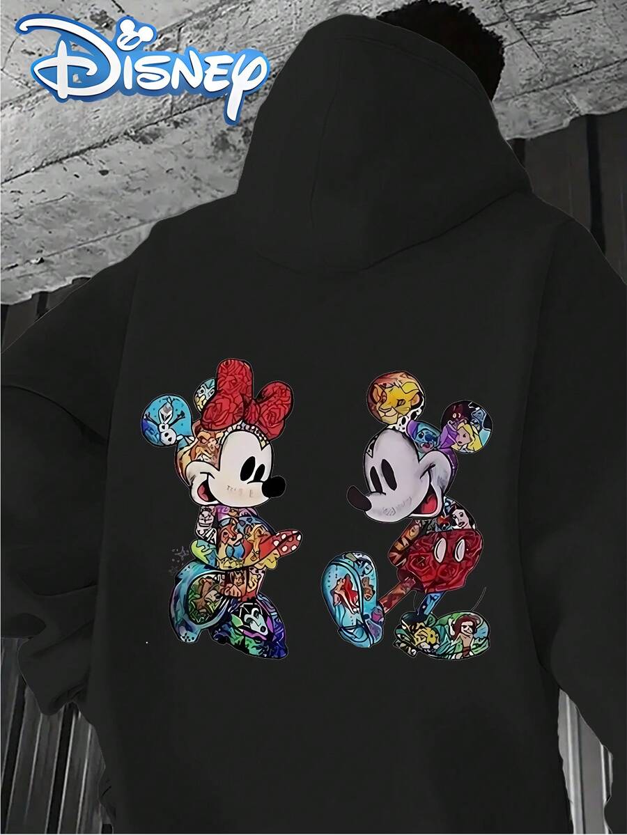 Disney Men's Casual Hoodie With Mickey And Minnie Mouse Print. Relaxed And Comfortable, Perfect For Everyday Wear And A Great Gift.Disney T Shirt - 黑色 - 查看 1