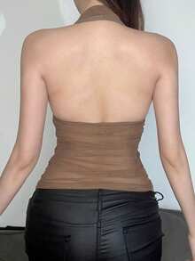 Áo tank top nữ YeonC Chic cổ yếm, xếp ly phía trước với điểm nhấn là cúc ngọc trai, chất liệu polyester co giãn cao. - Màu Khaki - Xem 2