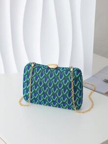 Peacock Pattern Woven Hard Case Evening Clutch, Luxury Niche Crossbody Chain Purse For Formal Occasions - Blue - View 5