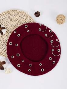 时尚复古英伦艺术家贝雷帽，配有独特的铁环和孔眼，女士休闲针织帽，秋冬羊毛帽 - 款式1 - 查看 11