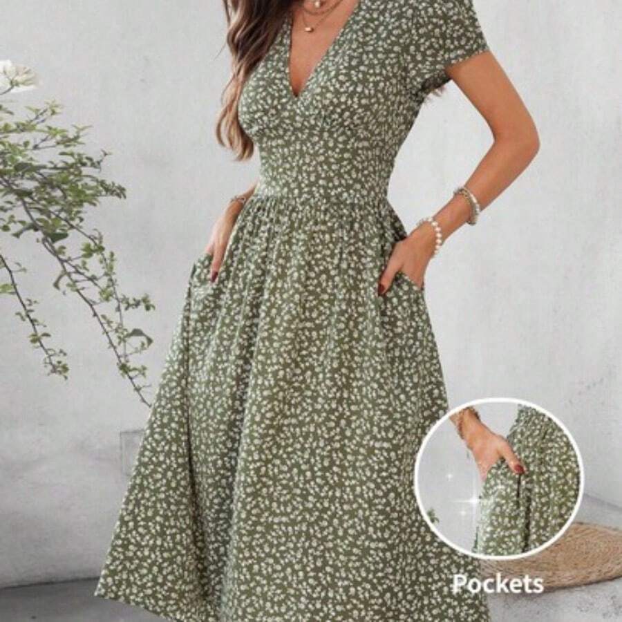Clasi Women's V-Neck Short Sleeve Ruched A-Line Elegant Everyday Vacation Outing Green Ditsy Floral Midi Dress, Spring/Summer,Summer Dresses For Women - Multicolor - Ver 1