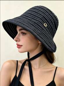 1pc Women's Sun Protection Striped Bucket Hat With Tied, Large Brim Sun Hat With Windproof Rope,Travel Beach Seaside Vacation Play Daily Use - Multicolor - View 4