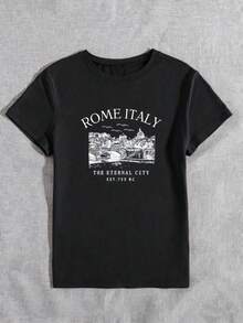 Women's T-Shirt With A Rome, Italy Silhouette Print, Crew Neck, Short Sleeves - ROME ITALY, THE ETERNAL CITY, FOUNDED IN 753 BC - Casual Graphic Tee For Women - 黑色 - 查看 3