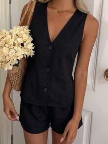 Sexy Fashion Versatile V-Neck Front Button Side Hollow Out Tank Top And Loose Shorts 2 Pieces Set, Spring/Summer New Arrival,Vacation Outfits Women Black - Black - View 1