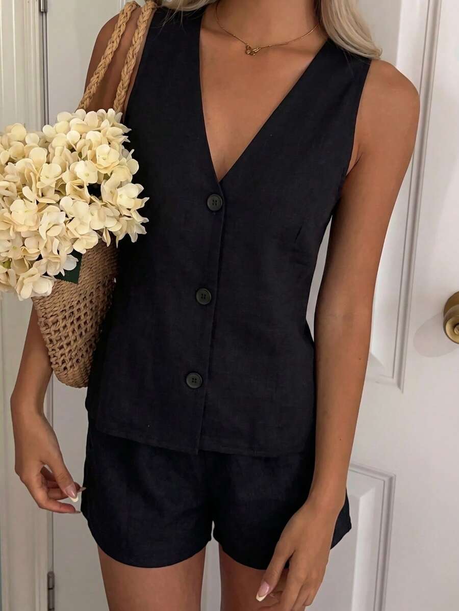 Sexy Fashion Versatile V-Neck Front Button Side Hollow Out Tank Top And Loose Shorts 2 Pieces Set, Spring/Summer New Arrival,Vacation Outfits Women Black - Black - View 1