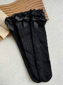 3 Pairs Black Bow Knee High Socks, Heart Pattern Thigh High Socks Without Heel, Versatile Style Suitable For All Ages - Black - View 7