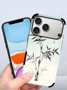 1pc Retro Ink Bamboo & Butterfly PU Leather Shock-Proof Dustproof Handmade Protective Case Suitable For Apple 17 Pro Max/16 Pro Max/16 Plus/13 Pro Max/14 Pro Max 13 14 11 12 Pro 11/15 Pro, Galaxy S24 Ultra, With Speaker Hole Design, Suitable As Holiday Gift - Light Green - View 4