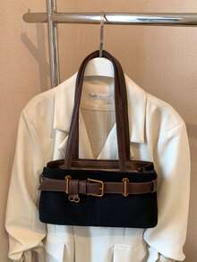 Niche Design Korean Underarm Bag With Leather Buckle Strap, One Shoulder Tote Bag With Topstitching - Black - View 7