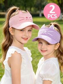 2pcs/Set Kids Cute Cat Ear Sun Hat, Breathable Knitted UV Protection Sun Hat For Girls, Suitable For Outdoor Sports & Daily Wear In Summer - 2pcs - View 9