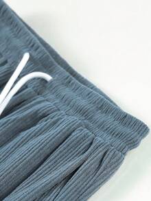 1pc Tween Boys Vintage Corduroy Textured Vertical Striped Wide Leg Loose Relaxed Fit Floor-Length Casual Pants - Blue - View 5
